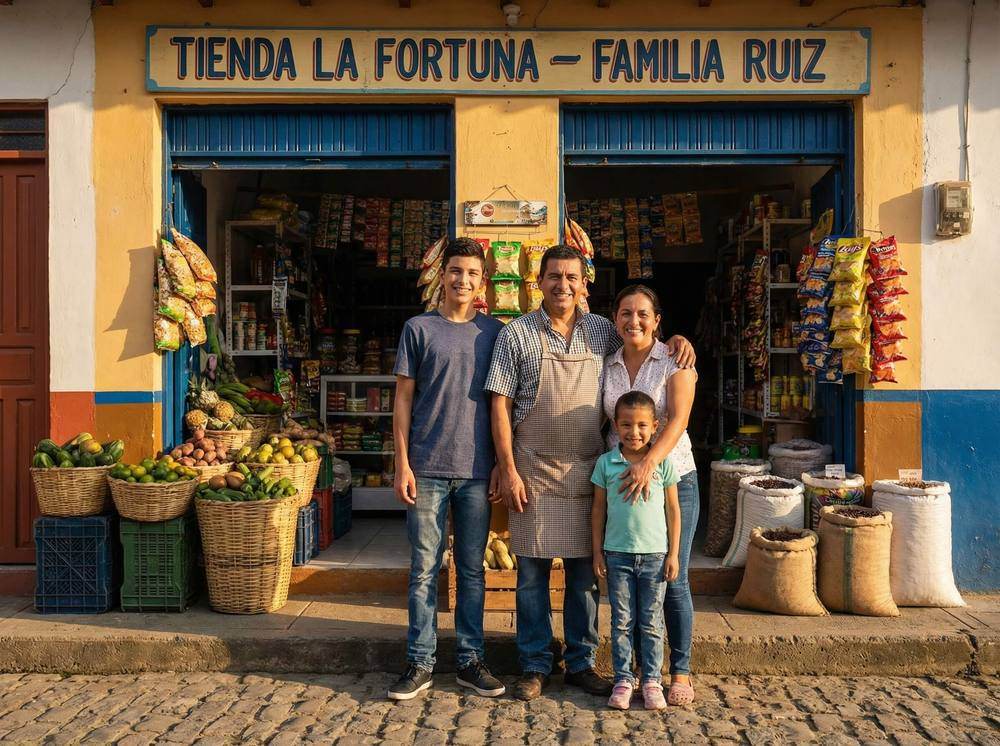Familia microempresaria frente a su negocio