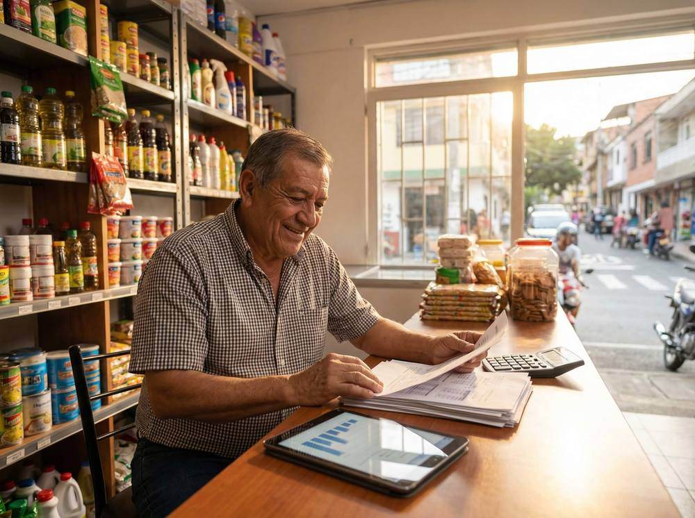 Microempresario revisando documentos financieros en su negocio